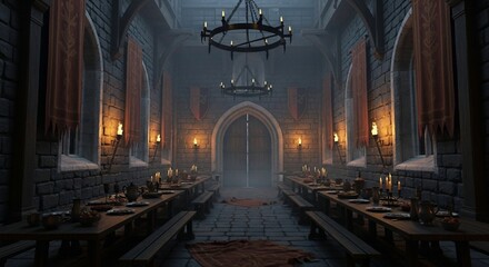 Medieval Banquet Hall, Candlelit Feast, Majestic Interior