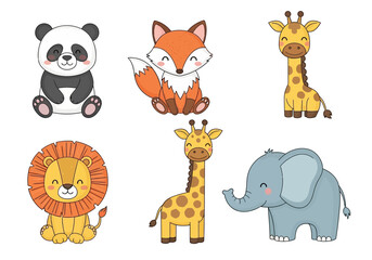 Obraz premium Illustration of cartoon animals including a fox giraffe panda lion and elephant on a cream background