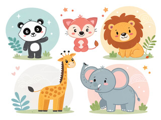 Obraz premium A Charming Collection of Adorable Baby Animals Featuring a Panda Bear a Fox a Lion a Giraffe and an Elephant in a Whimsical Forest Setting