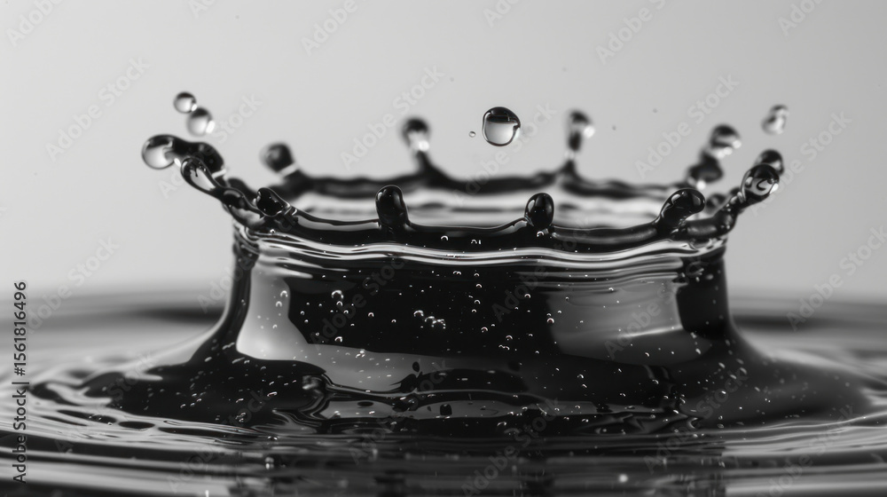 Poster close-up view of black water drop splashing with droplets in high contrast against light background