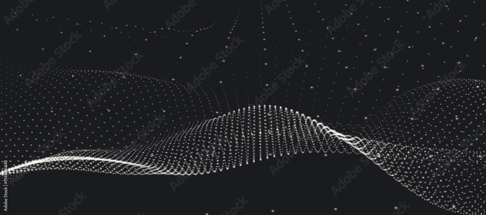 Poster abstract background with dynamic black and white wave. futuristic dotted wave of bright particles on