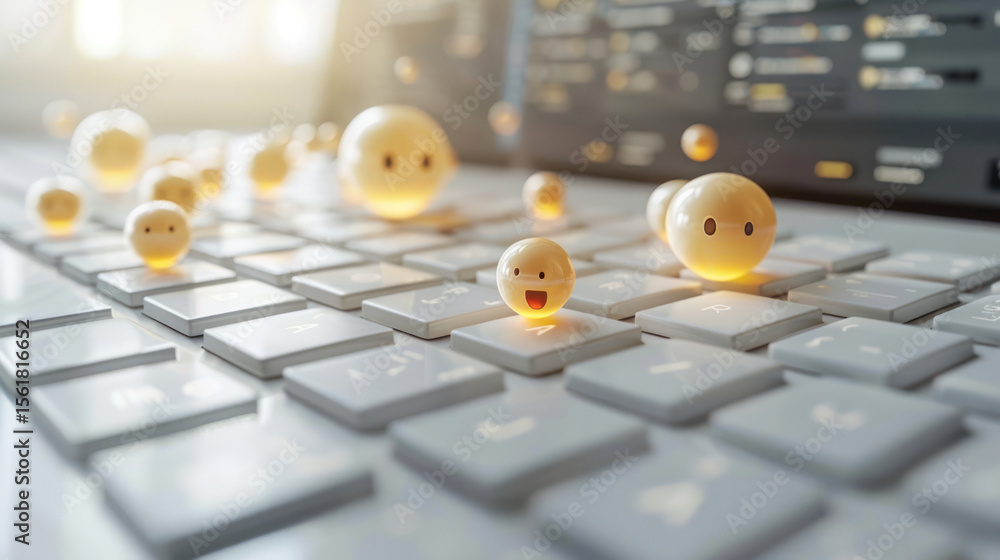 Poster yellow emojis on a computer keyboard with soft light and blurred background creating a fun digital a