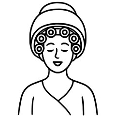 Woman with Hair Curlers and Spa Robe Icon in Minimal Black Line Vector
