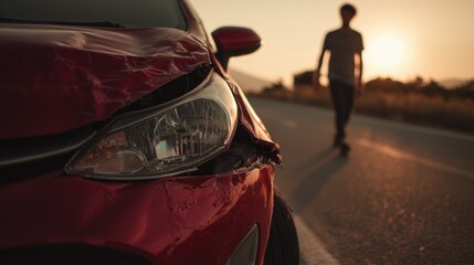 A red car with the front end damaged after an accident. Country road. Broken headlight and door marks of impact