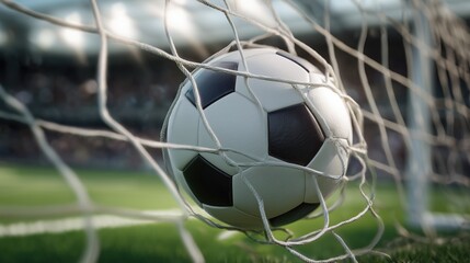 A black and white soccer ball hitting the net. Goal. Green pitch and stadium. Scoring. Sports. Football