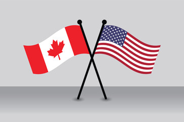 Crossed Canadian and American Flags Illustrate Partnership. Correct Proportion Banner Design.