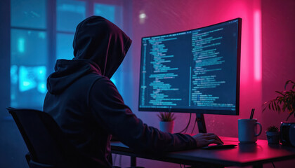 Anonymous hacker in dark room uses computer with large monitor. Displays lines of code, cyber security breach concept. Person wearing hoodie, data protection, privacy threat, online crime, cyber