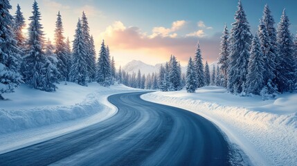 Winding snowy road through winter forest at sunrise