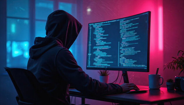 Anonymous hacker in dark room uses computer with large monitor. Displays lines of code, cyber security breach concept. Person wearing hoodie, data protection, privacy threat, online crime, cyber - Powered by Adobe