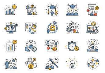 Fototapeta premium Collection of Professional Development and Business Growth Icons Illustrating Collaboration Strategy and Skill Enhancement in Modern Workplaces