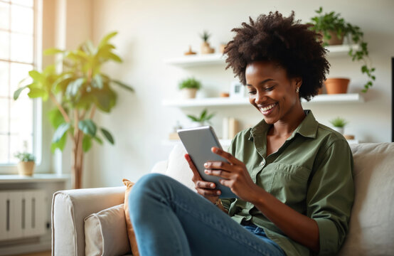 Smiling black woman using digital tablet at home. Happy young female reads online news, chatting with friends, working remotely or watching video. Modern interior, comfortable lifestyle.