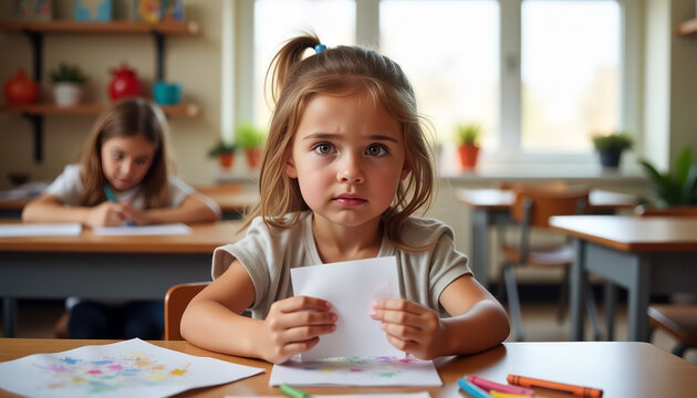 preschool girl drawing at desk using paper and crayons in classroom