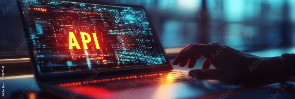 Aufkleber modern technology workspace with hands typing on laptop, api development and innovation concepts