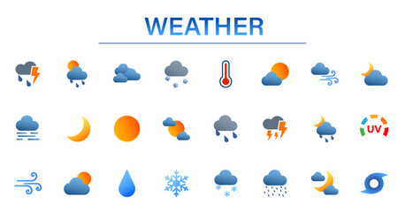 Weather icon set. Containing clouds, thunderstorms, rain, wind, temperature, day and night, UV index.