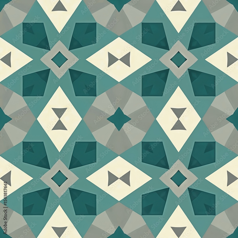 Fototapete seamless geometric pattern with symmetrical shapes. abstract repeating design in teal beige and grey