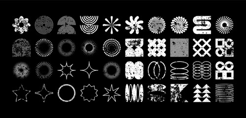 Brutalist geometric shapes, modern grunge symbols. Simple primitive elements and forms, distressed details. Retro design, aged, vintage, trendy contemporary minimalist style, y2k. Vector illustration