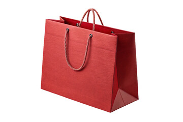 Elegant red paper gift shopping bag with rope handles isolated on transparent background