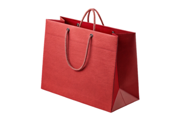 Elegant red paper gift shopping bag with rope handles isolated on transparent background