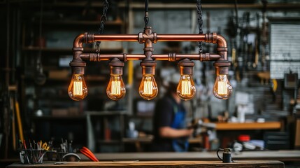 Copper pipe light fixture with five Edison bulbs in workshop setting