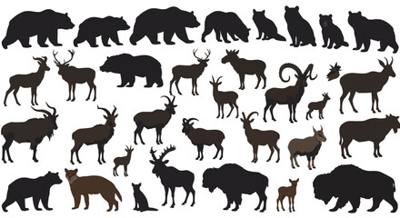 Naklejka premium Diverse Collection of Wild Animals Silhouettes Featuring Bears Deer Elk Goats Rams and Bison in Various Poses Representing Wildlife and Nature