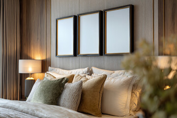Ai Generated Aesthetic Closeup of Three Black and Gold Blank A4 ISO Paper Wall Art Frames For a Mockup on the wall of a Luxury Bedroom interior in Beige, Brown and Green colors