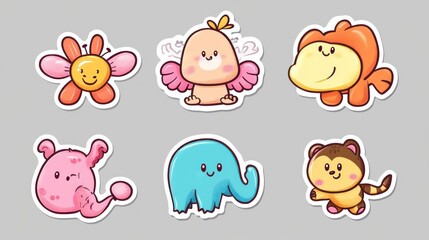 Obraz premium Cartoon stickers of whimsical flower, bird, monkey, pink blob, elephant, and brown critter