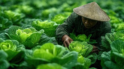 A farmer tending to a field of green cabbages under a traditional asian hat