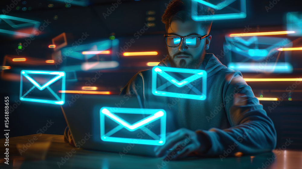 Aufkleber man with glasses using laptop to manage emails with glowing icons in a modern workspace filled with 