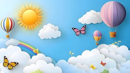 Dreamy Paper Art Hot Air Balloons Rainbow Clouds Butterflies Sun Sky
