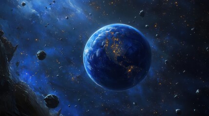 Celestial Sphere A blue planet with cities and debris floats in a cosmic nebula