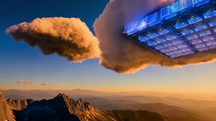 Floating structure nestled within clouds above a mountainous landscape. - Powered by Adobe