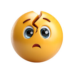 A sad cracked emoticon displays emotional fragility and vulnerability with expressive eyes, rendered in bright yellow against a contrasting transparent backdrop.