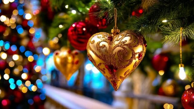 Close-up shot of Christmas tree ornaments with a golden heart shape dangling, bathed in festive bokeh light