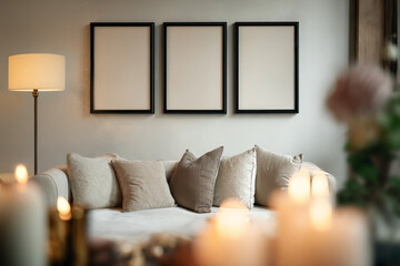 Ai Generated Aesthetic Closeup of Three Black Blank A4 ISO Paper Wall Art Frames For a Mockup on the wall of a Luxury Cozy Living Room Interior in Beige Blacl and Gold colors