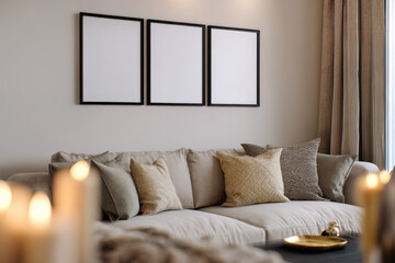 Ai Generated Aesthetic Closeup of Three Black Blank A4 ISO Paper Wall Art Frames For a Mockup on the wall of a Luxury Minimalistic Living Room Interior in Beige Blacl and Gold colors