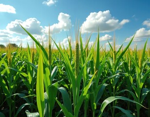 Obraz premium Green corn maize plants on field against blue sky with clouds. Agricultural landscape, farming background. Crop harvest, food production. Sunny day, eco agriculture.