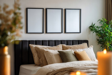 Ai Generated Aesthetic Closeup of Three Black Blank A4 ISO Paper Wall Art Frames For a Mockup on the wall of a Luxury Cozy Bedroom interior in Beige, Olive, Black  and Gold colors