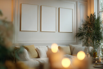 Ai Generated Aesthetic Closeup of Three Gold Brass Blank  A4 ISO Paper Wall Art Frames For a Mockup on the wall of a Luxury Cozy Living Room Interior in Beige and Gold colors