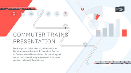 Suburban passenger railway service. A cover template for presentations, annual reports, brochures, and the like. Electric trains, railway tracks, stations, diagrams are shown