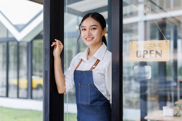 Startup successful small business owner sme beauty girl stand with arms crossed in coffee shop...