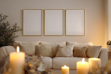Ai Generated Aesthetic Closeup of Three Gold Brass Blank  A4 ISO Paper Wall Art Frames For a Mockup on the wall of a Luxury Cozy Living Room Interior in Beige, Brown and Gold colors