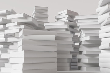Stacks of white hardback books on a white background. Illustration of the concept of education, teaching, learning and classroom