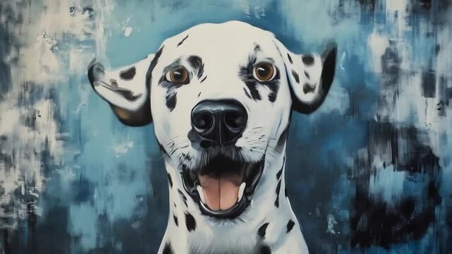 Happy Dalmatian Dog Portrait on Abstract Blue Artistic Background

