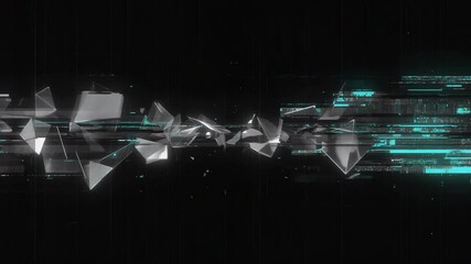 Pulsing teal glitch lines driving white shards drifting through void over code then dispersing - Powered by Adobe