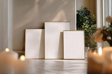 Ai Generated Aesthetic Closeup of Three Gold Brass Blank A4 ISO Paper Wall Art Frames For a Mockup Standing on the Floor against Minimalistic Beige Interior