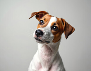 Adorable dog tilts head in soft light. Curious expression, big eyes, brown fur. Studio shot of canine friend. Friendly, playful pet, happy, loyal domestic animal. Funny face close-up.