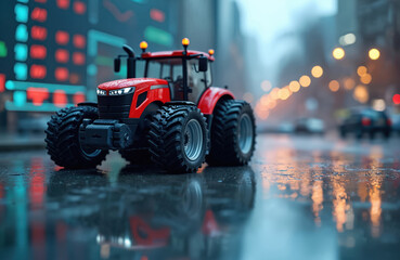 Red tractor on wet city street with stock data chart background. Agriculture business concept, finance, investment, market volatility, commodity prices, economic analysis, data interpretation. Modern