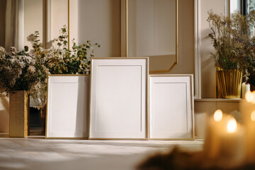 Ai Generated Aesthetic Closeup of Three Gold Brass Blank A4 ISO Paper Wall Art Frames For a Mockup Standing on the Floor against Luxury Beige Interior