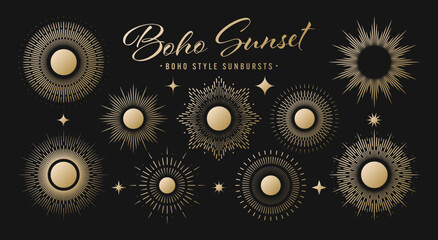 Vintage golden sunburst, sunset beams collection. Boho style, modern minimalist bohemian design. Hand drawn bursting sun, light rays. Logotype or lettering retro design element. Vector illustration