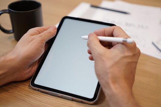 Person holding stylus and tablet with black mug and papers hand writing